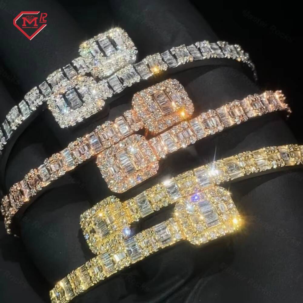 10k 14k 18k Gold Plating 925 Silver Vvs Baguette Moissanite Bracelet Bangle Cuff Link Hip Hop Iced Out Moissanite Bracelet Men