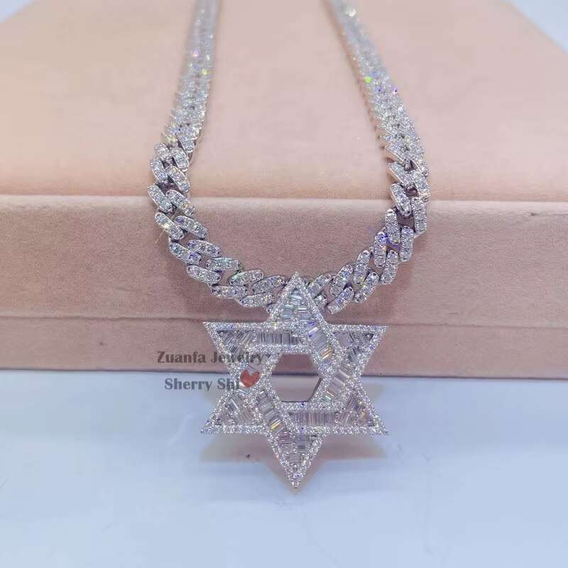 Hip Hop 8mm Moissanite Cuban Chain With Moissanite Iced Out baguette Diamond David Star Pendant