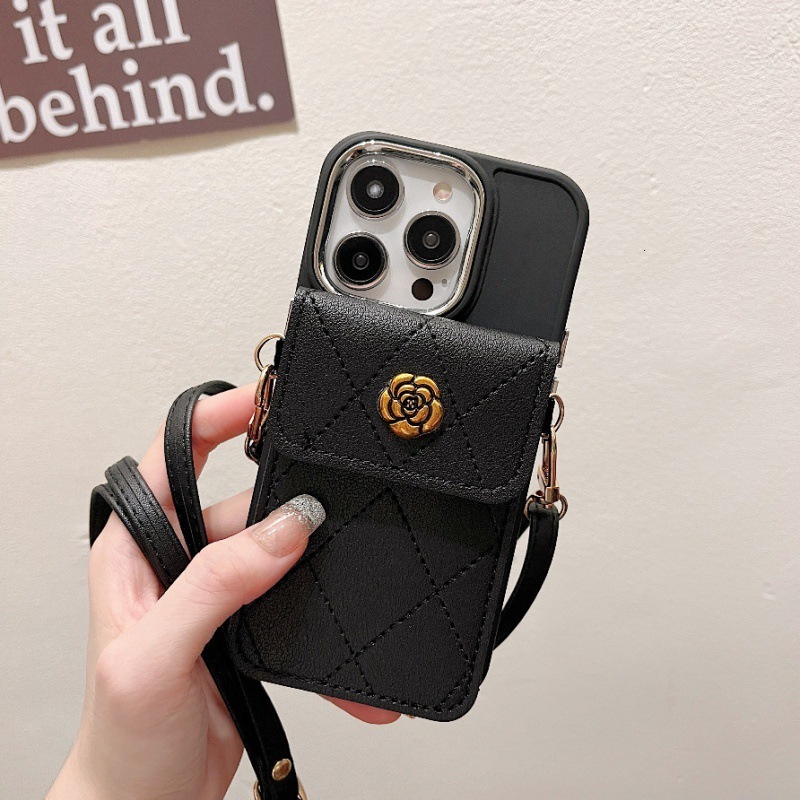 Camellia Card Holder Phone Case Compatible with iPhone 17/16 Pro Max Crossbody Strap Fashion Soft Protective Case iPhone 15/14