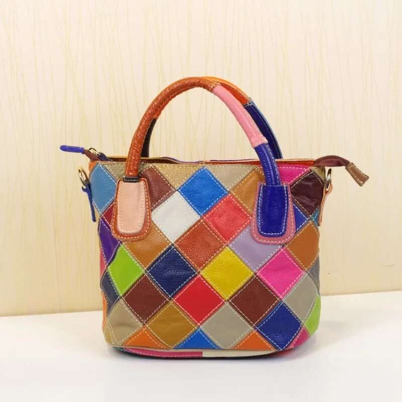 Vintage Cowhide Bucket Bag - Contrast Plaid Design With Tote Function For Women's Casual Outings
