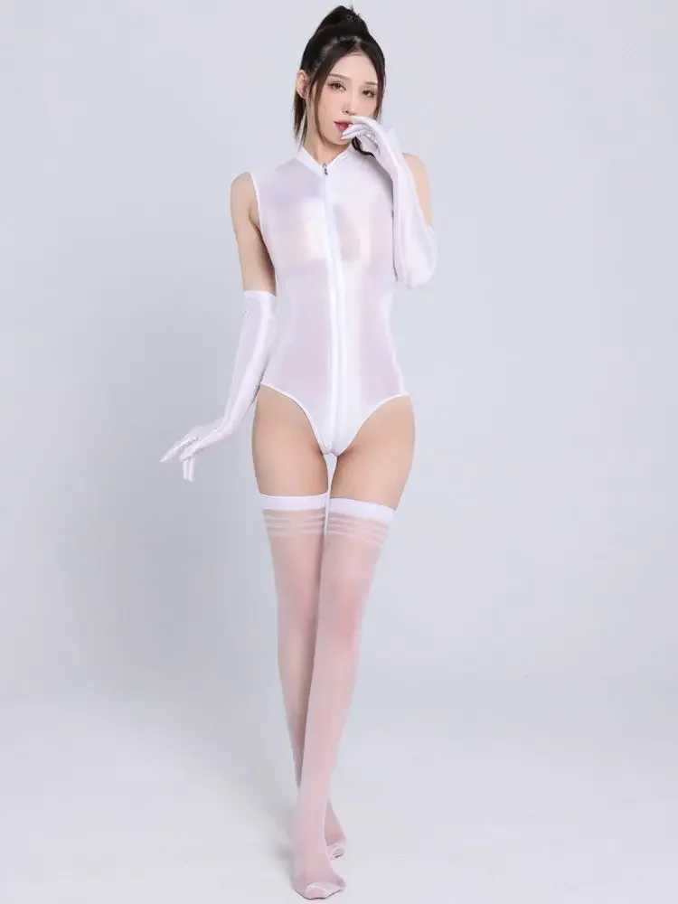 Smooth and shiny sleeveless tight jumpsuit sexy transparent swimsuit double zipper open crotch tight jumpsuit cosplay Sukumizu body top W250419