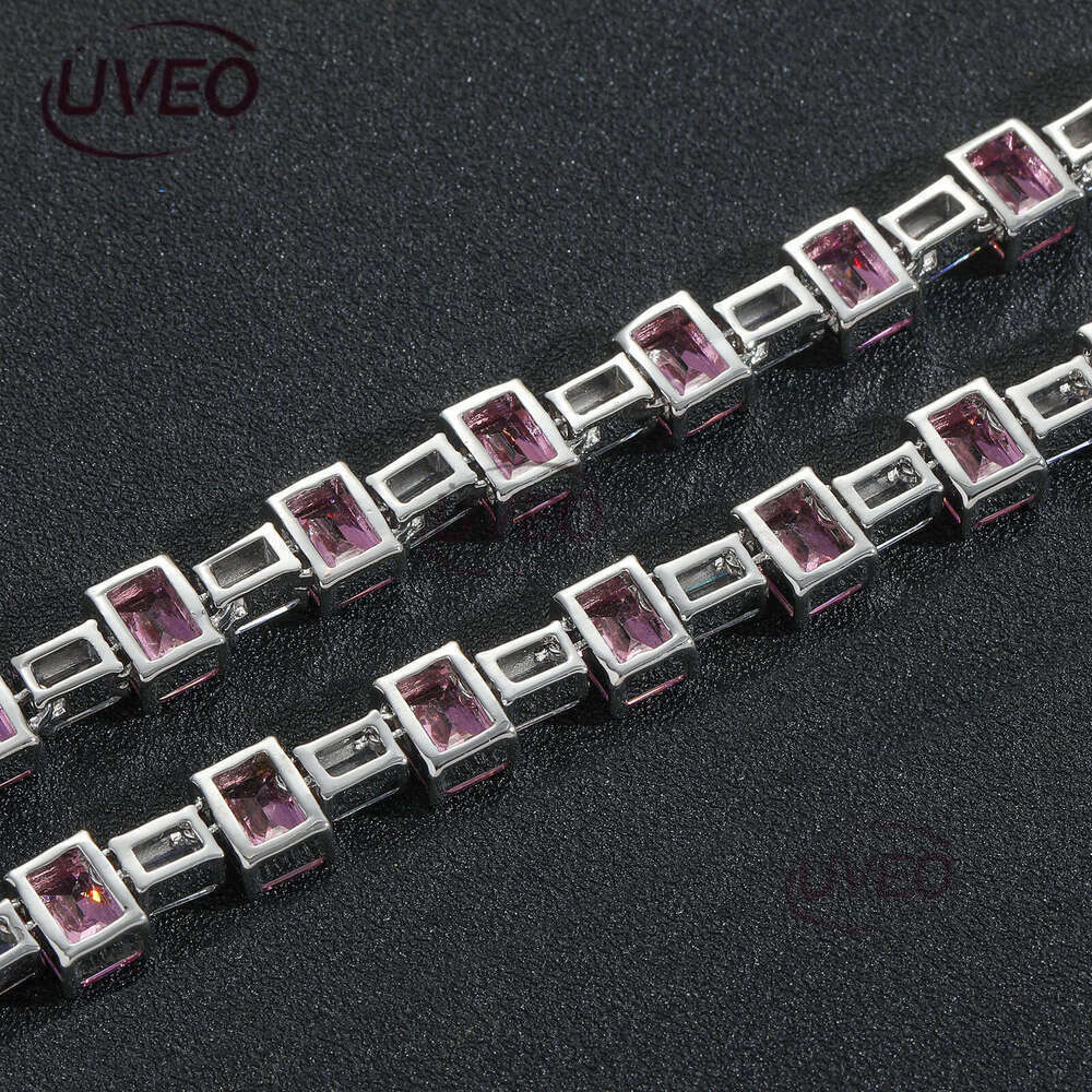 Luxury designer Pink square ice out VVS Moissanite tennis collarbone chain, hip hop necklace bracelet for men and women Free delivery