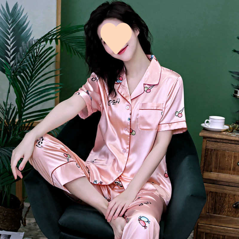 Summer women's ice silk two-piece set pajamas, summer women's short-sleeved silk thin style large-sized popular home wear for spring and aut