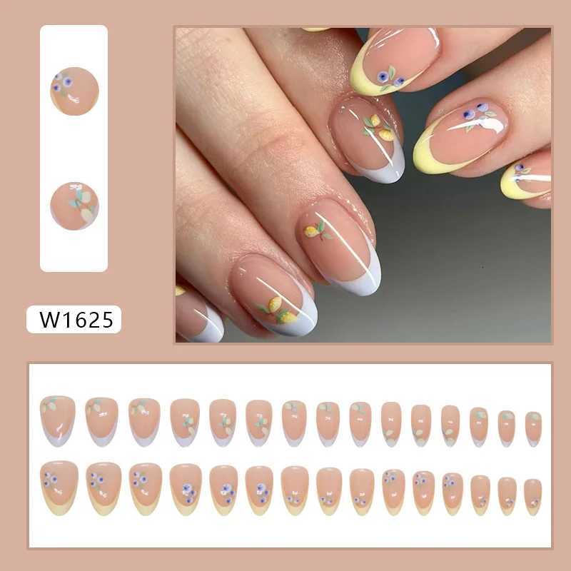 24pcs Simple french tip nails Mango Blueberry Short Removable Nail tip cheap medium press on nails False nails acrylic fake nailT251118T251119