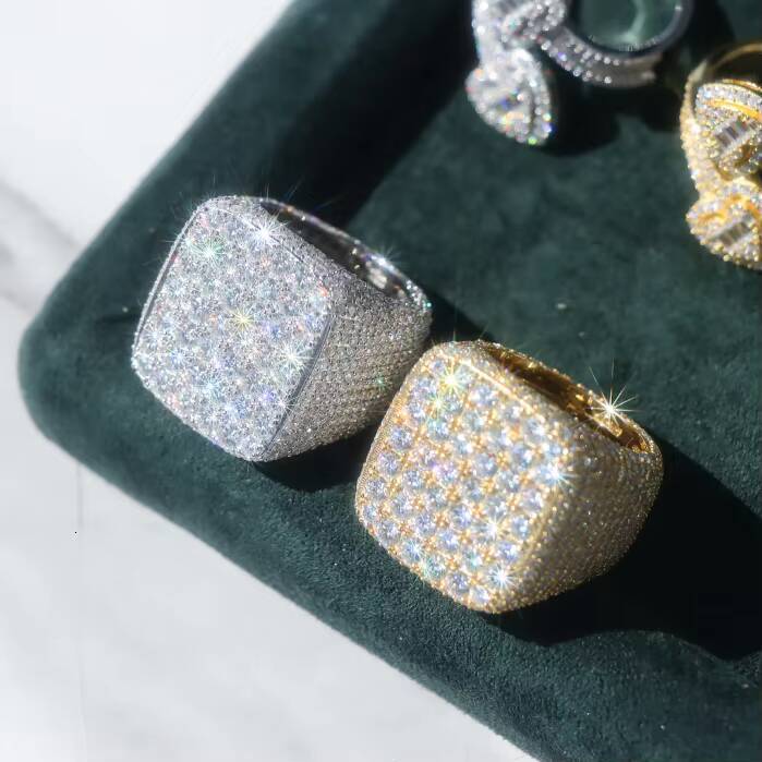 Fully Iced Out Sterling Silver 925 Rapper Square Rings Vvs Moissanite Diamond Hip Hop Moissanite Ring
