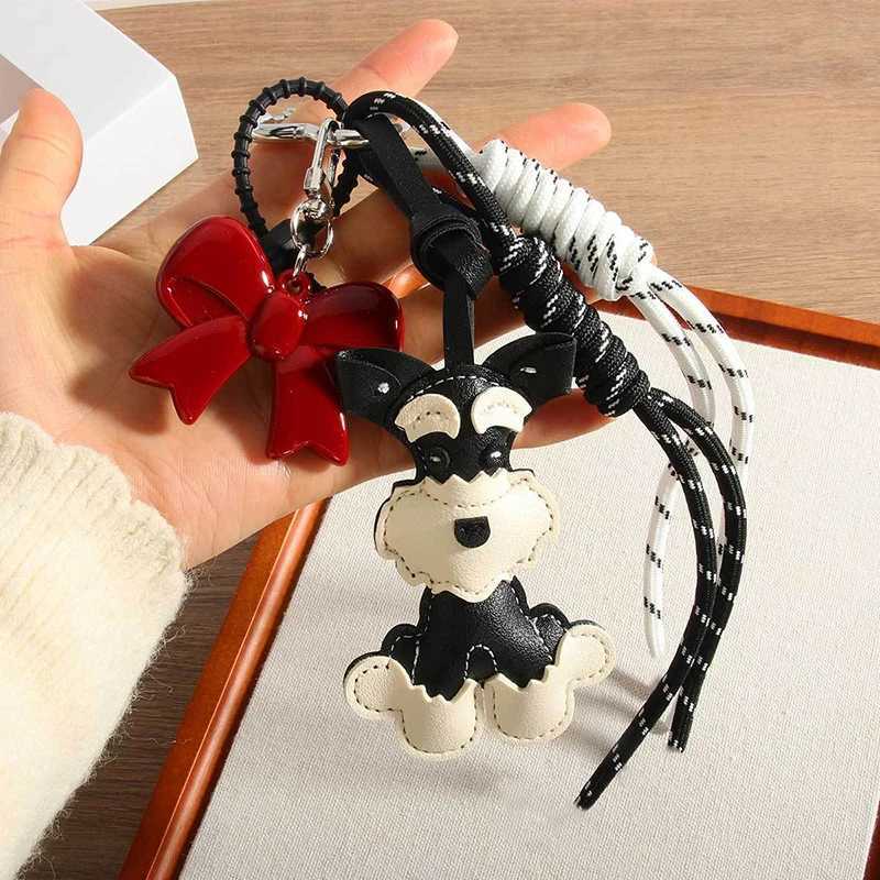 Cute PU Leather Schnauzer Keychain Cute Little Dog PU Leather Hanger Animal Car Keyring Bag Pendant Y250418