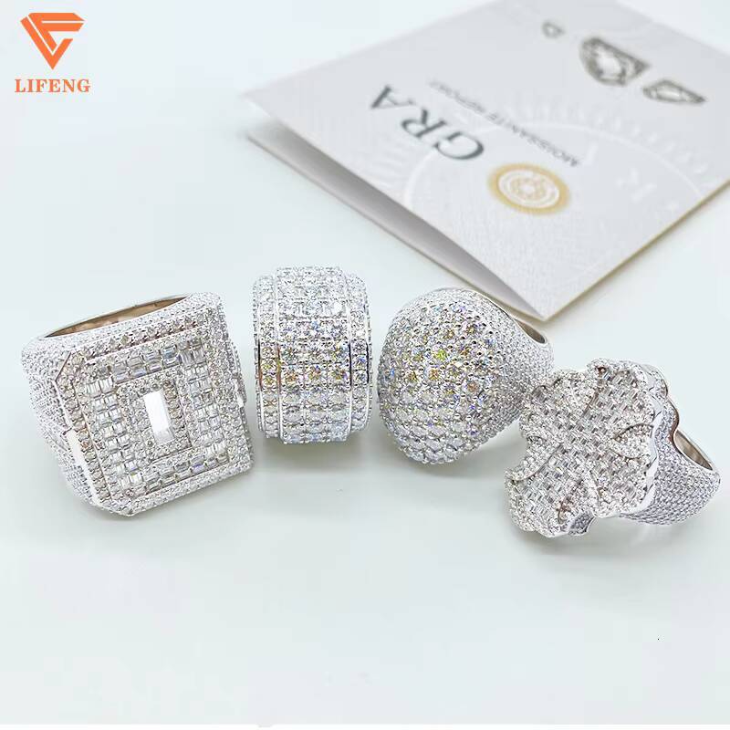 GRA Hip Hop Iced Out Bling 925 Sterling Silver Pass Diamond Tester VVS Moissanite Fleur Baguette Cross Ring for Men