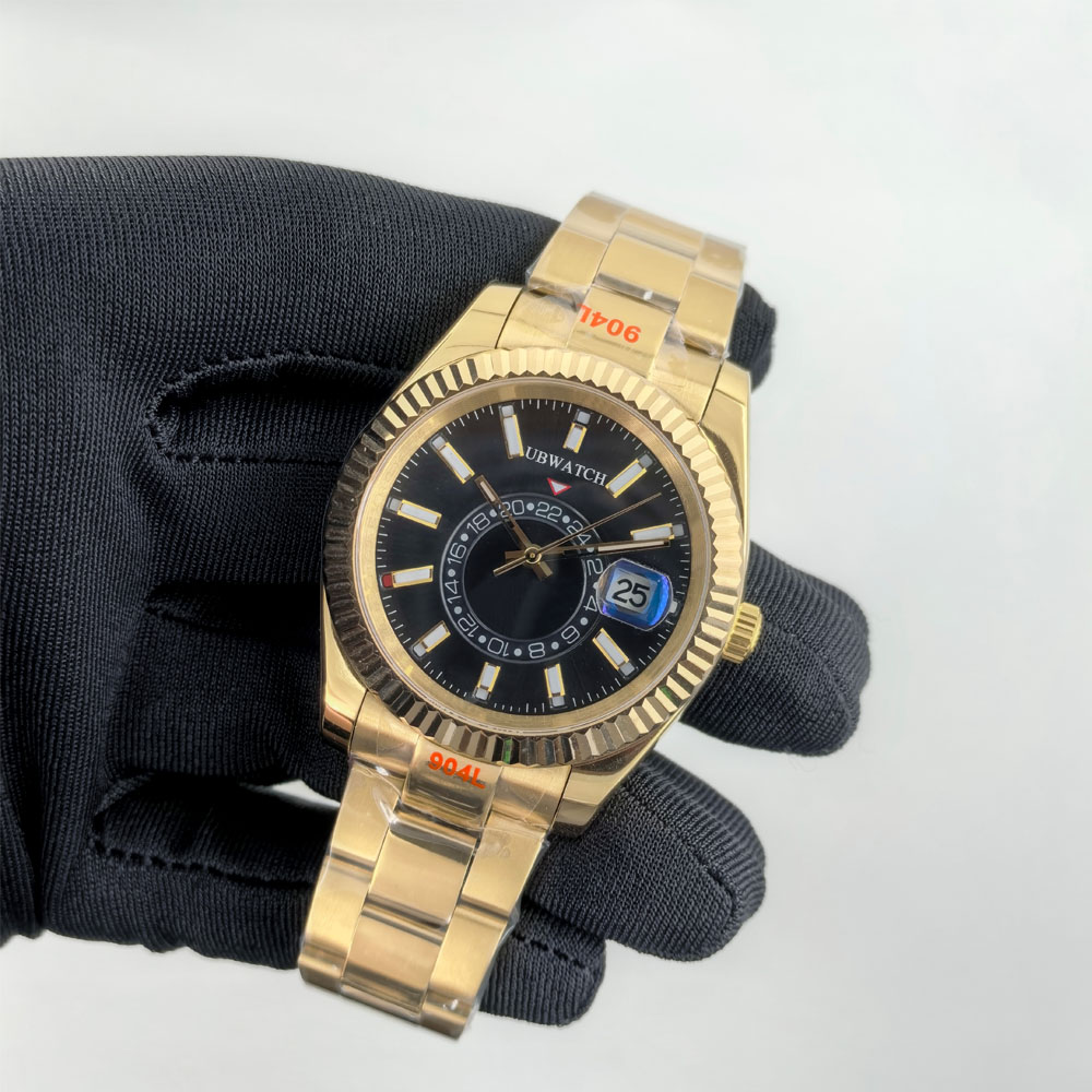 Luxury Style 42MM Automatic Mechanical Movement Mens Watches St9 Sapphire Crystal Yellow Gold Case Black Dial Men's Wristwatches