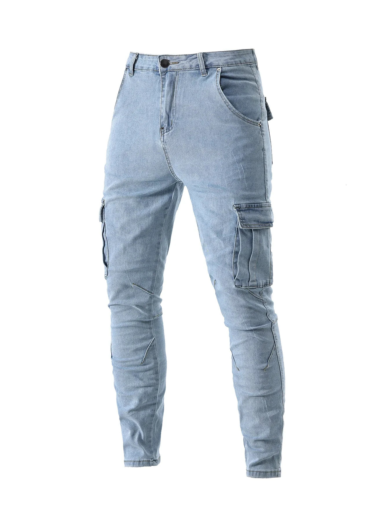 Mens Fahsion Elastic Slim Fit Jeans Men Cargo Denim Pants Solid Color Multi Pockets Casual Skinny Male Trousers mens clothing 251112