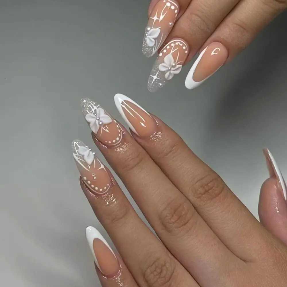 Full Cover Color Gradation Almond False Nail Aurora Rhinestones Fake Nails Golden Line Mid-length Detachable Press on NailsT251118T251119