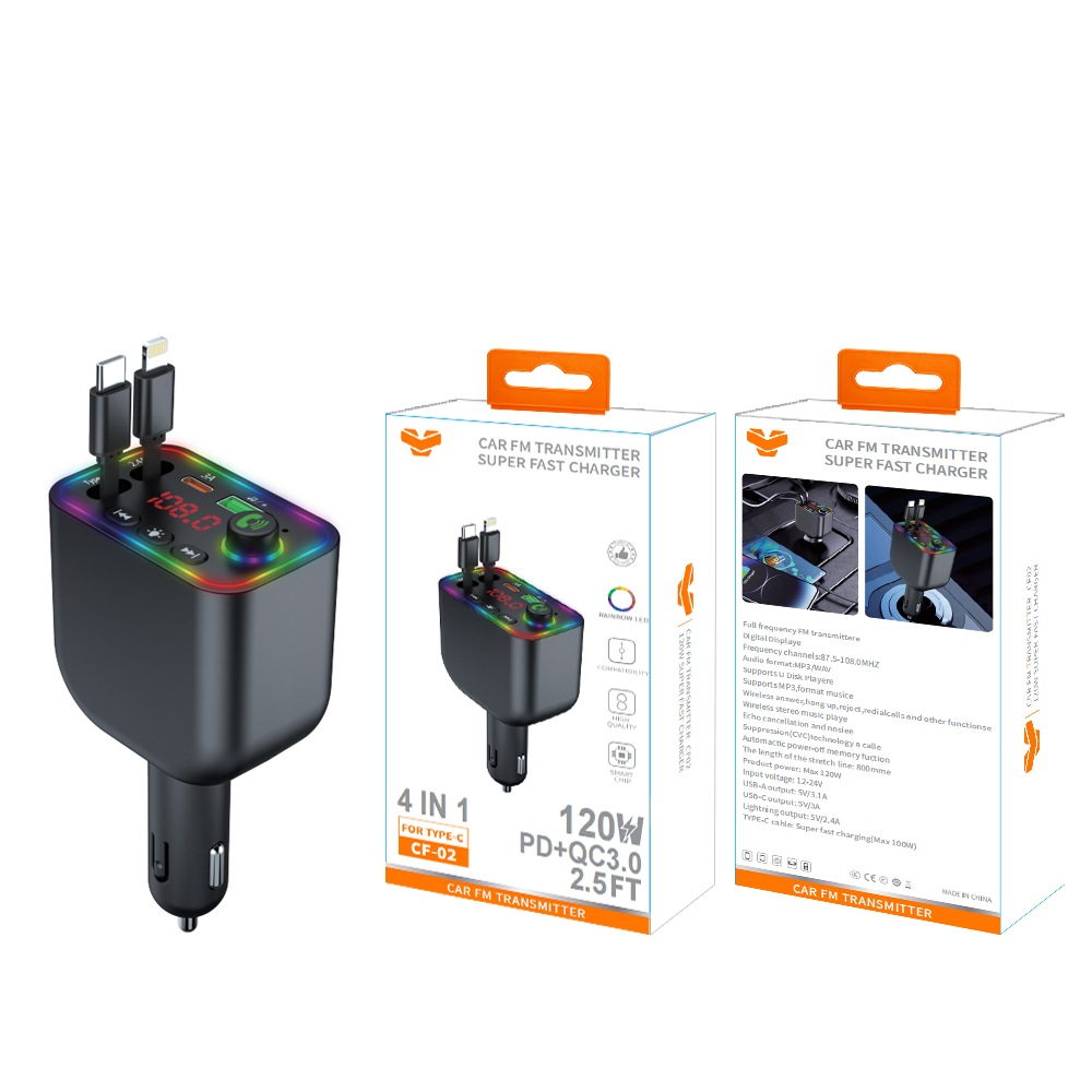 Car Charger BT 5.3 FM Transmitter Car Kit MP3 Modulator Player Handsfree Audio Receiver With Phone Type-C Charge Cable Cf02