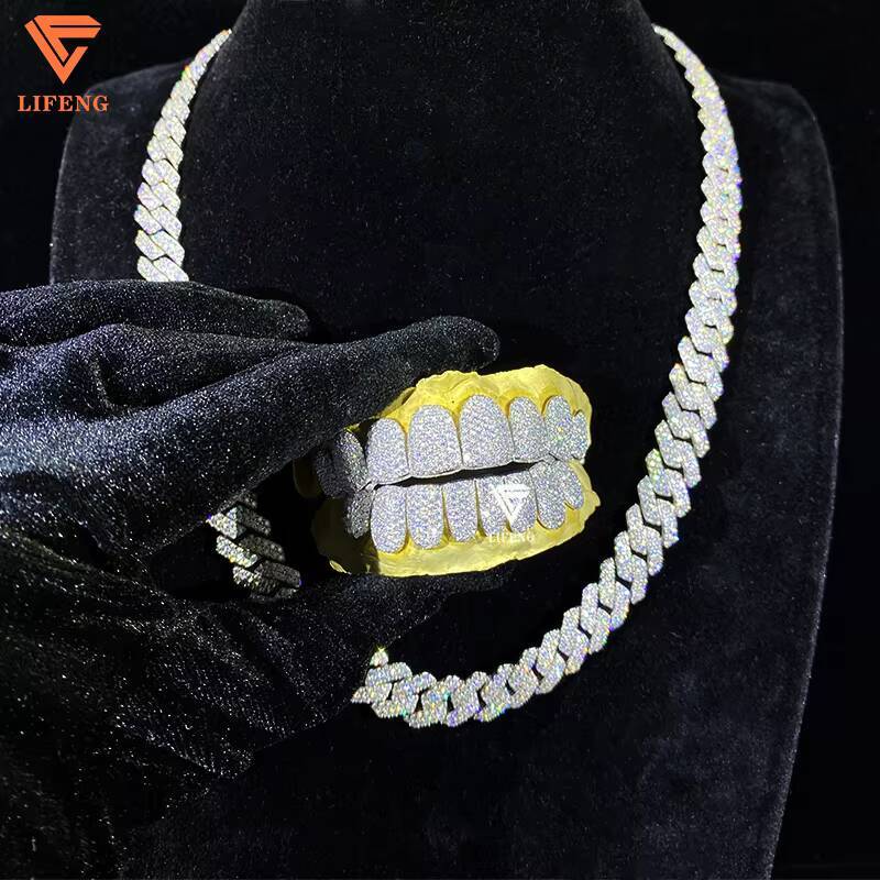 Iced Out Hip Hop Grillz Deep Perm Cut Diamond Teeth 8 Top 8 Bottom Gold Plated 925 Sterling Sliver Custom Vvs Moissanite Grillz