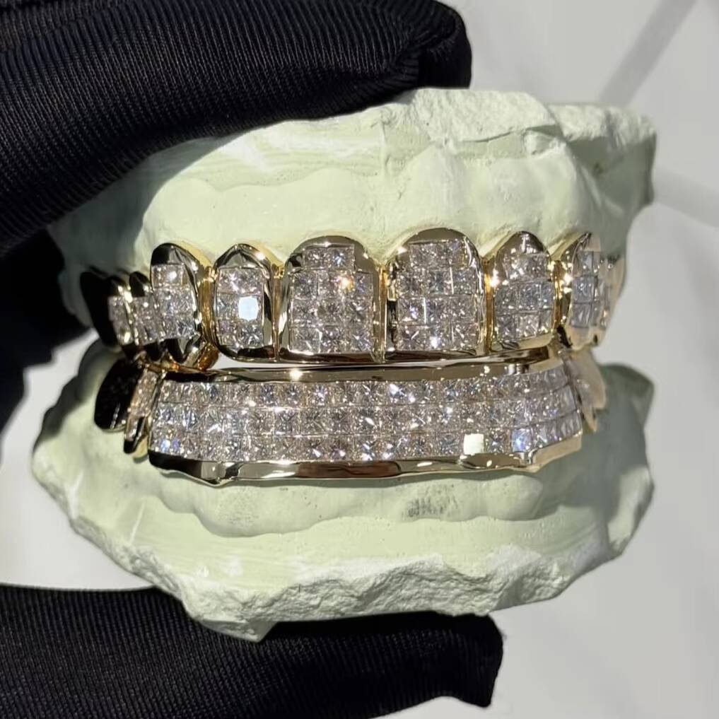 Custom Flawless Grillz 8 on 8 Deep Perm Cut Vvs Moissanite Hip Hop Grillz Iced Out S925 18k White Gold Moissanite Teeth Grillz