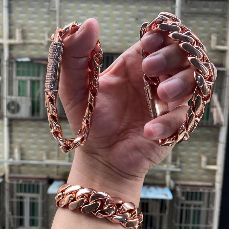 Rose Gold Necklace Heavy Solid sterling silver Miami Cuban Chain Bracelet for Men and Women Cadena De Oro Rosa