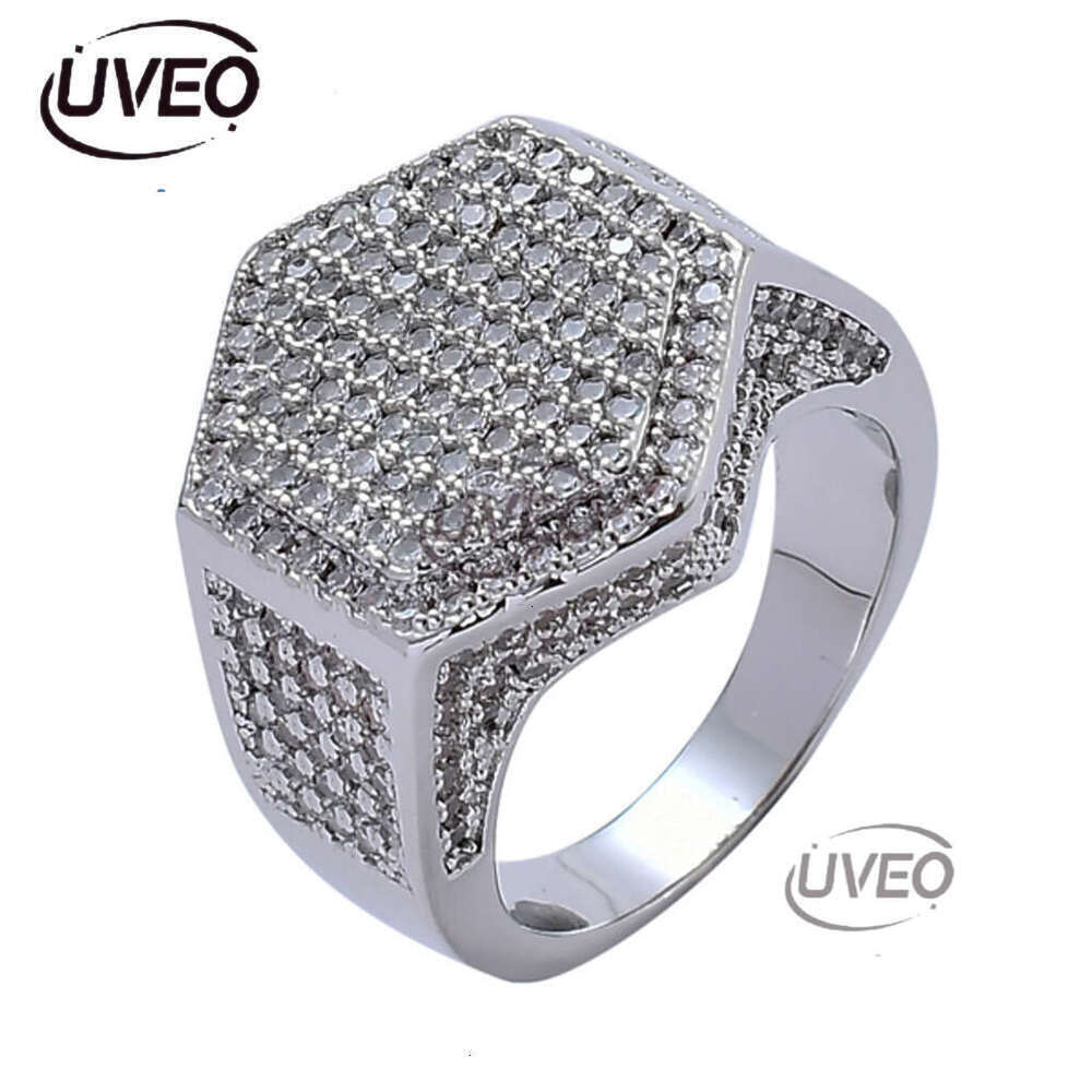 Luxury designer Hexagonal Ice Out VVS Moissanite Ring for Men Hip Hop Ring with free shipping
