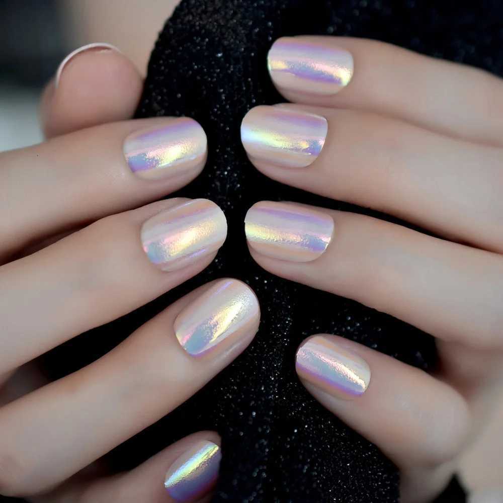 Press On Nails Chrome Fake Nails Art Short Full Cover Fingernails Acrylic Colorful Nails Round Squoval Glossy Tips With TabsT251118T251119