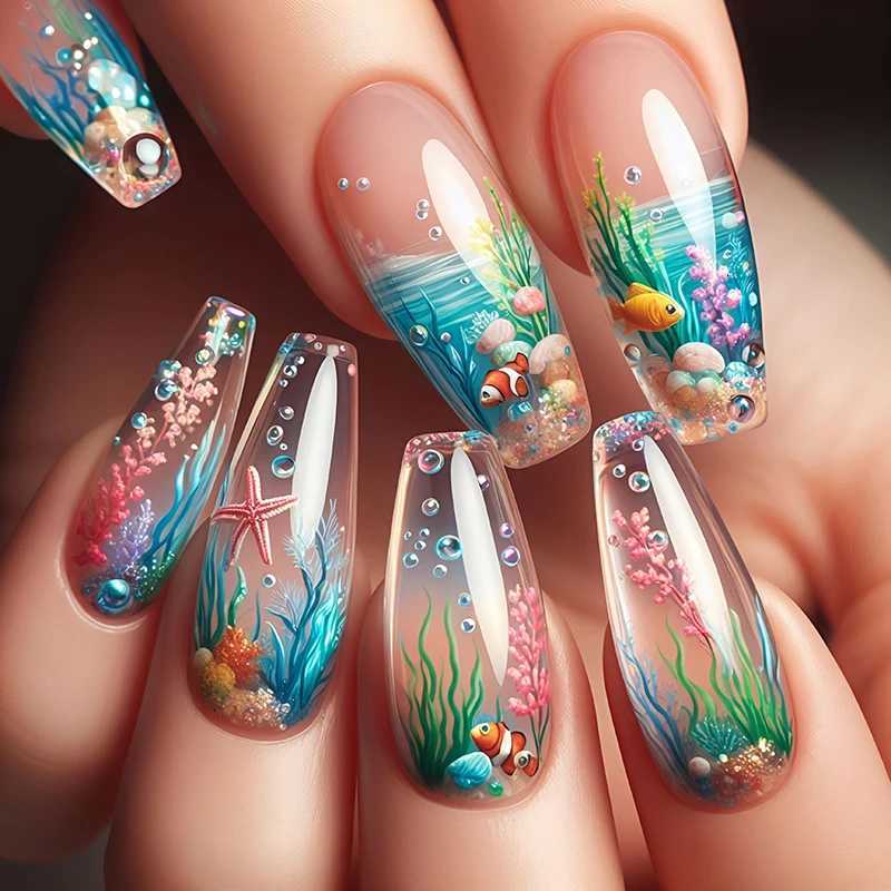 Medium-long dreamy undersea creature press-on nails with seaweed and starfish designs for a trendy lookT251118T251119