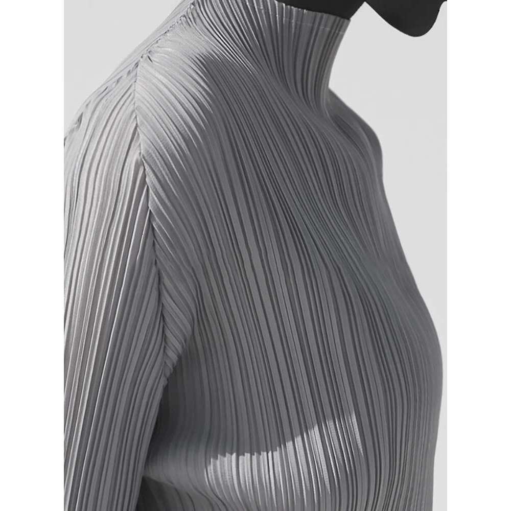 Designer Clothes Miyake Pleated Long Sleeve Tops High Neck Solid Color Loose T-Shirt Women's Casual Ladies Shirt