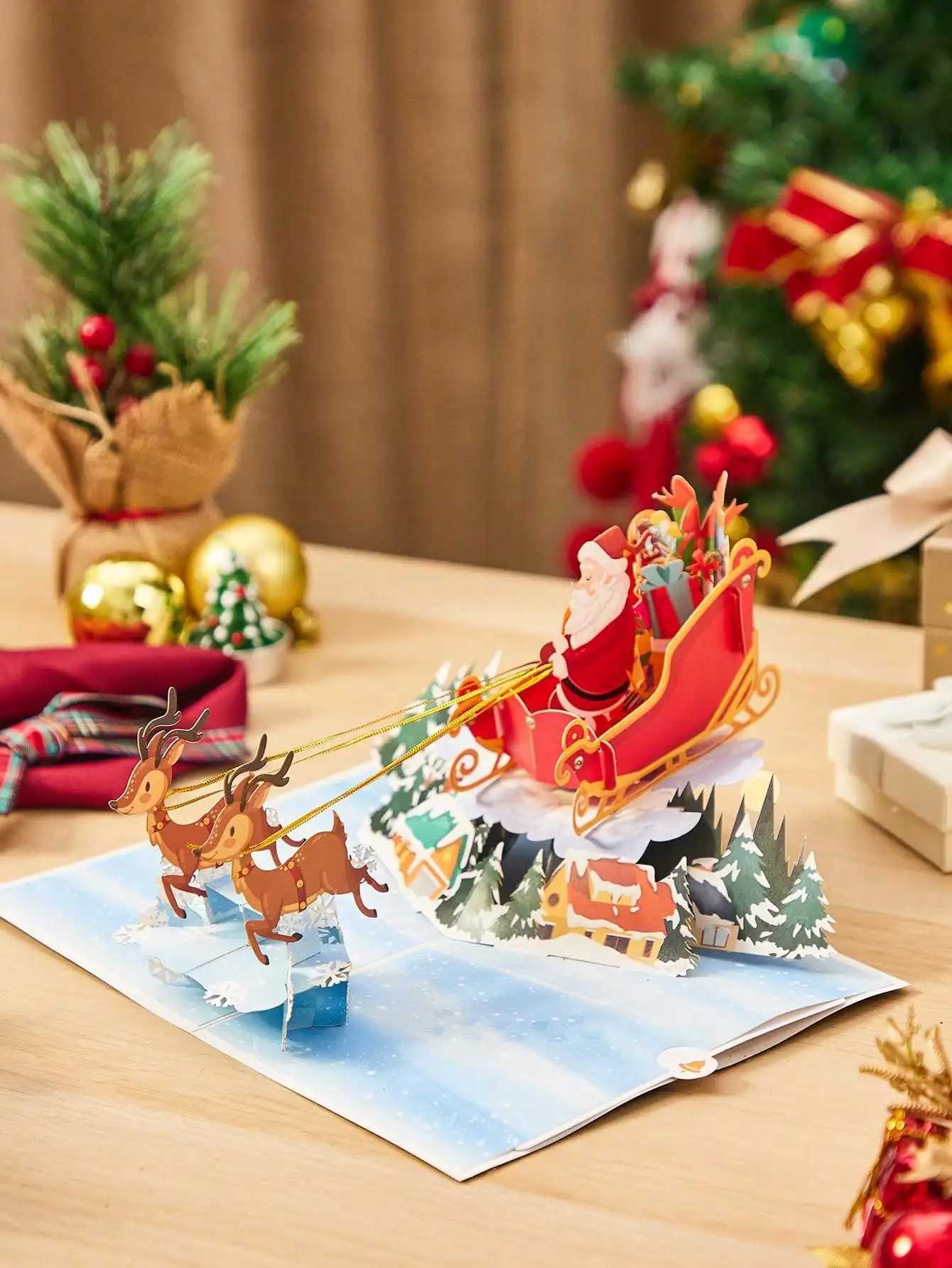 Christmas Sleigh Pattern Pop-Up Card - Santa Riding Design for Kids Holiday Gifts Greetings G251119