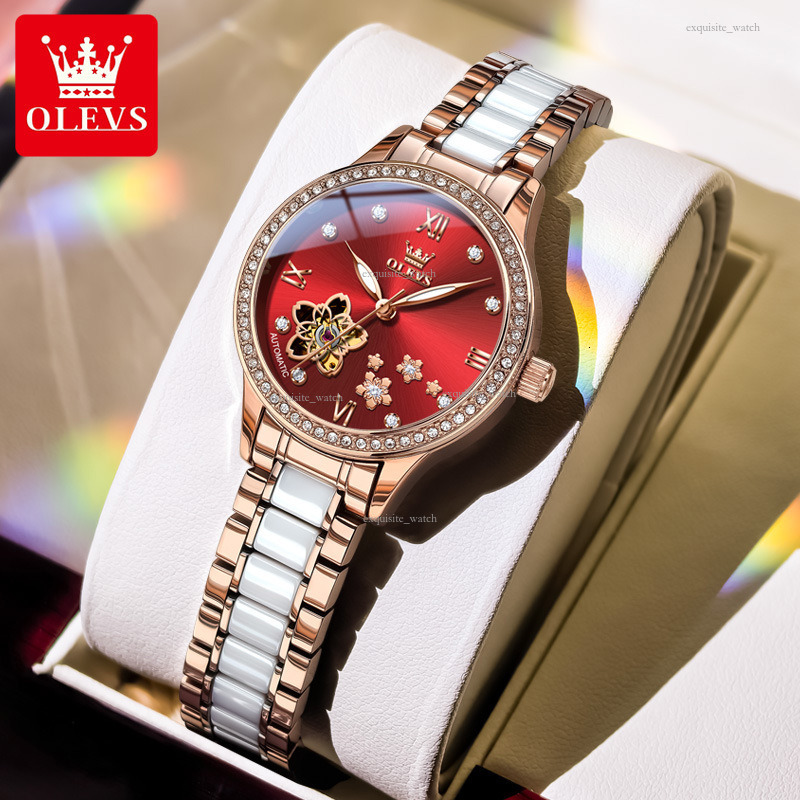OLEVS Brand Designer Women's Watch New Petal Hollow Ceramic Waterproof Mechanical Watch Outdoor Luxury Casual Sexy Women's Watch