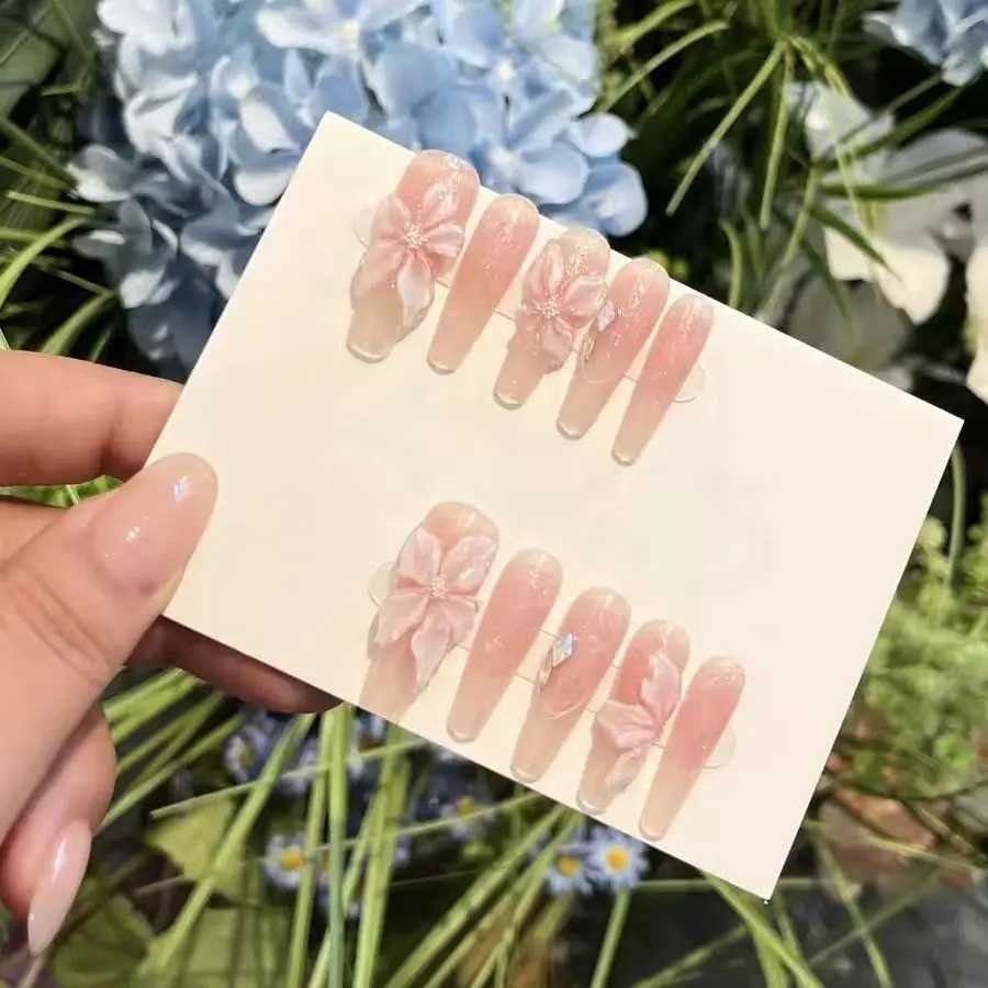 10Pcs Handmade Gradient Pink Fake Nails Long Press On Nails French False Nails 3D Pink Flowers Decor Wearable Press on NailsT251118T251119