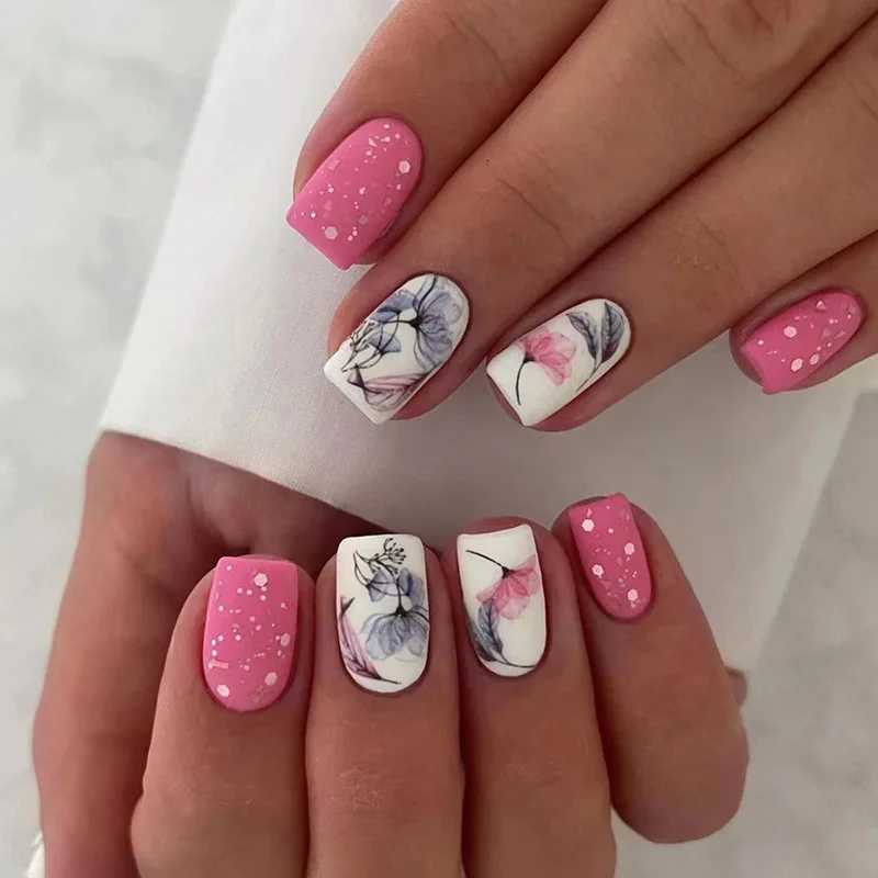 24Pcs Mid-length Square French False Nails Press on 3D Flower Crocodile Grain Design Fake Nails Detachable Full Cover Nails TipsT251118T251119