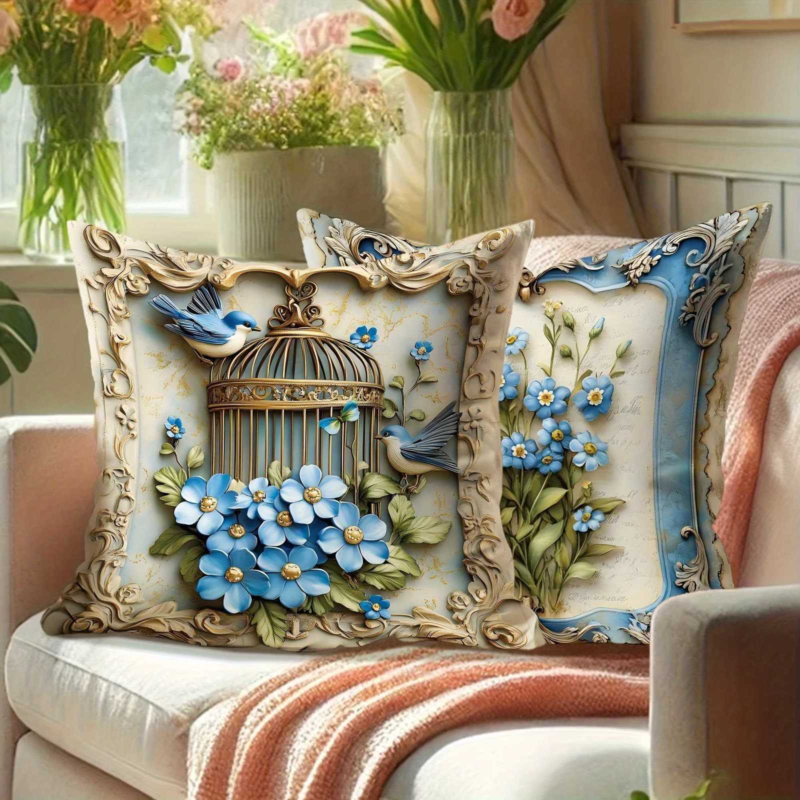 Blue Flowers Birds Butterflies throw cover with short plush print for living room sofa decoration cushion coverM251119
