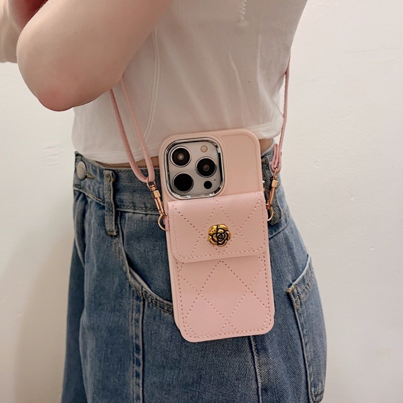 Camellia Card Holder Phone Case Compatible with iPhone 17/16 Pro Max Crossbody Strap Fashion Soft Protective Case iPhone 15/14