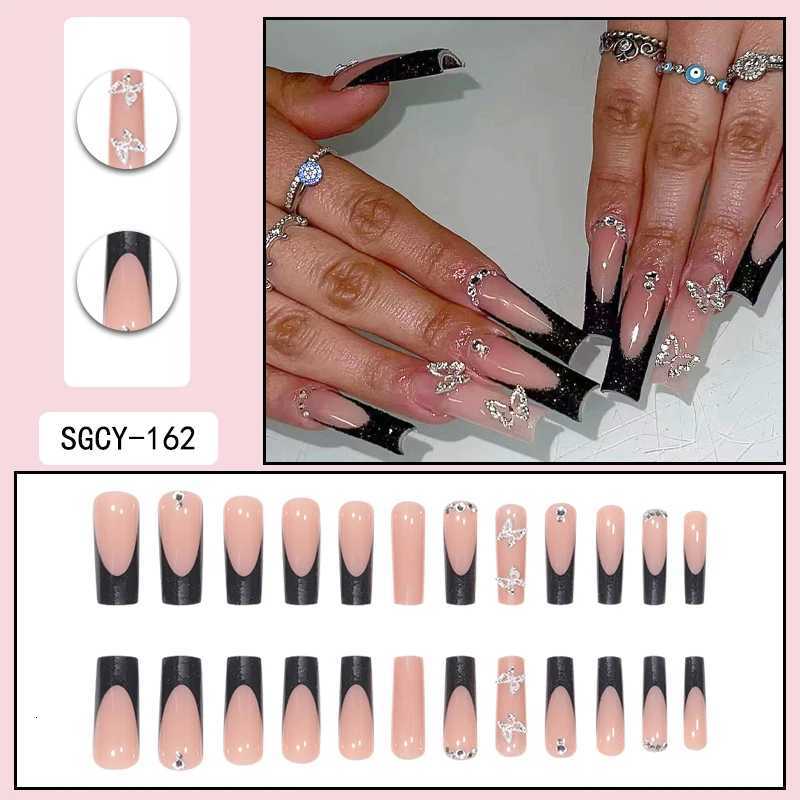 Fashionable Set Of 24 Rectangle Shaped Black French Nail Tips With Glitter Silver Butterfly Rhinestone DecorationT251118T251119