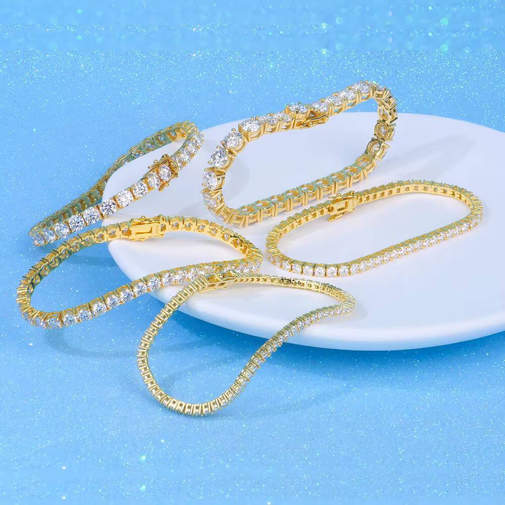 High Quality Yellow Gold Plated Bracelet 2mm -6mm Silver 925 VVS1 Moissanite Round Shape Tennis Chain Bracelet