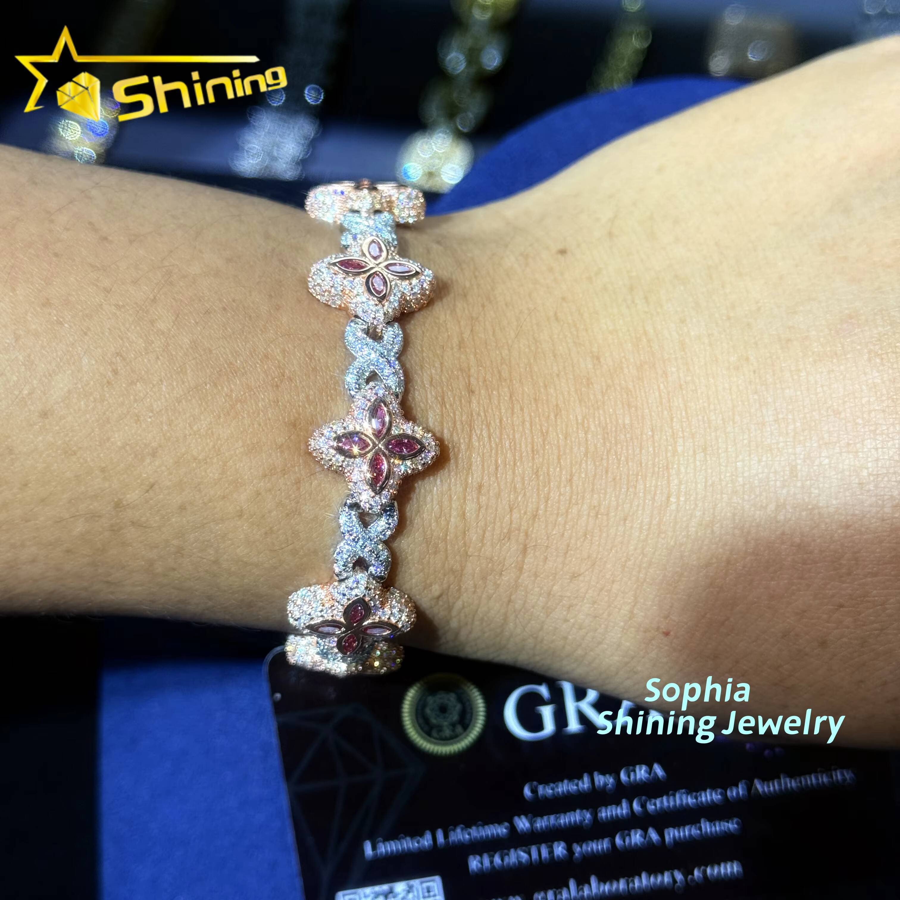 New Arrivals Fashion Jewelry 925 Sterling Silver Vvs Pink Color Moissanite Diamond Four Leaf Clover Cuban Link Tennis Bracelet