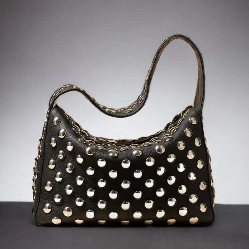 Elena Grain Punk Bags For Women Designer Handbag Purse 2024 New In PU Leather Lychee Texture Full Rivet Underarm Shoulder