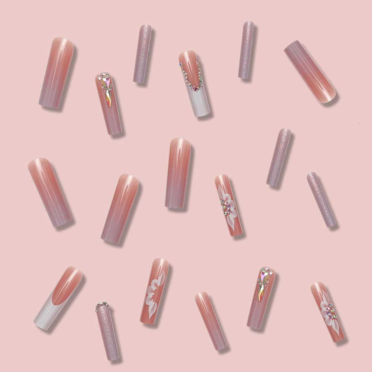 24 Piece Long Coffin Style Glossy Gradientflower Pattern 3D Rhinestone Decoration Complete Set of Abs Fake Nail SetT251118T251119