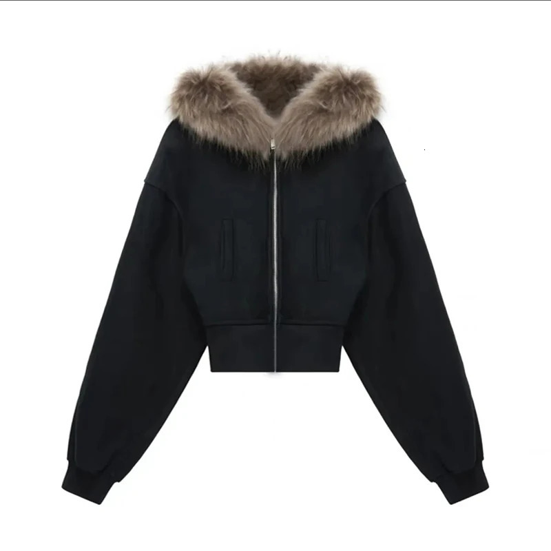 American Vintage Black Hoodie Sweatshirt Women Statement Fur Collar Long Sleeve Jacket Harajuku Y2K Zip Slim Street Cropped Coat 251124