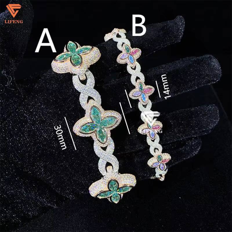 Hot Selling 925 Sterling Silver Marquise Flower Design Hip Hop Jewelry Iced Out Moissanite Infinity Clover Bracelet Men