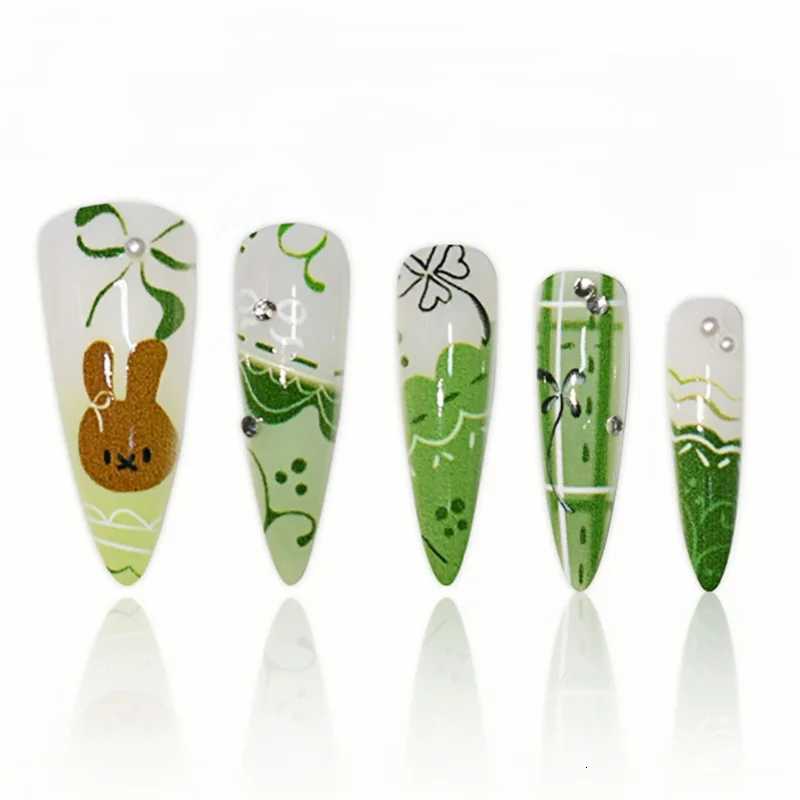 24PCS Sweet Green Flower Almond Press on False Nails Cute Cartoon Rabbit Bow Plaid Stiletto Fake Nails for Women Simple Ins NailT251118T251119