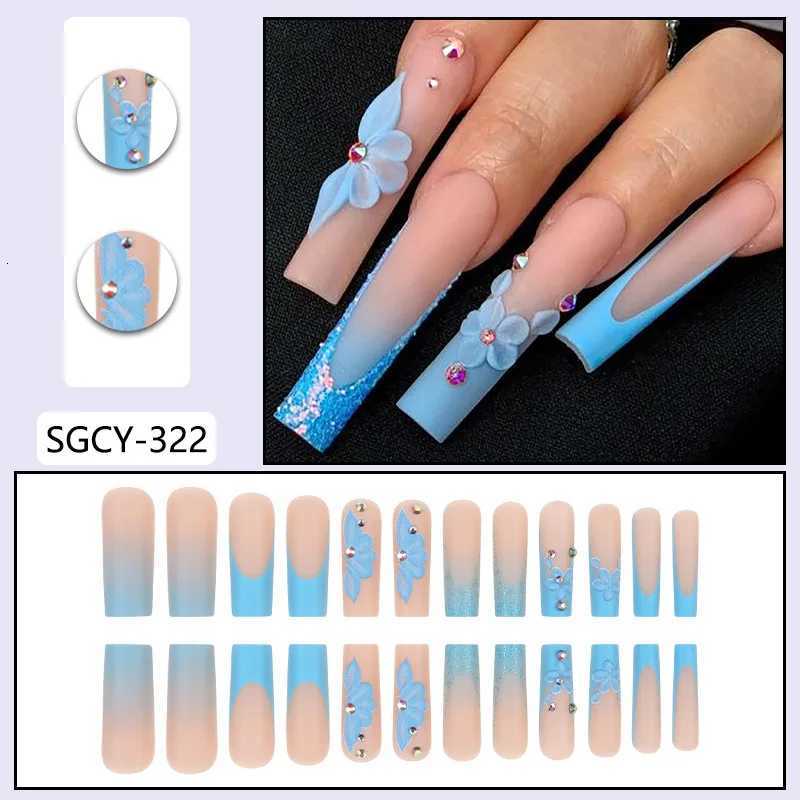 24 Piece Long Coffin Blue Frenchflower Pattern Fake Nails ABS Full Cover Glossy Fake Nails Summer CollectionT251118T251119