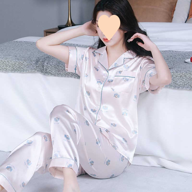 Summer women's ice silk two-piece set pajamas, summer women's short-sleeved silk thin style large-sized popular home wear for spring and aut