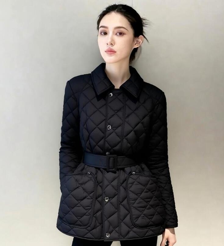 designer jacket women argyle cotton-padded jackets for woman autumn winter coat with belt