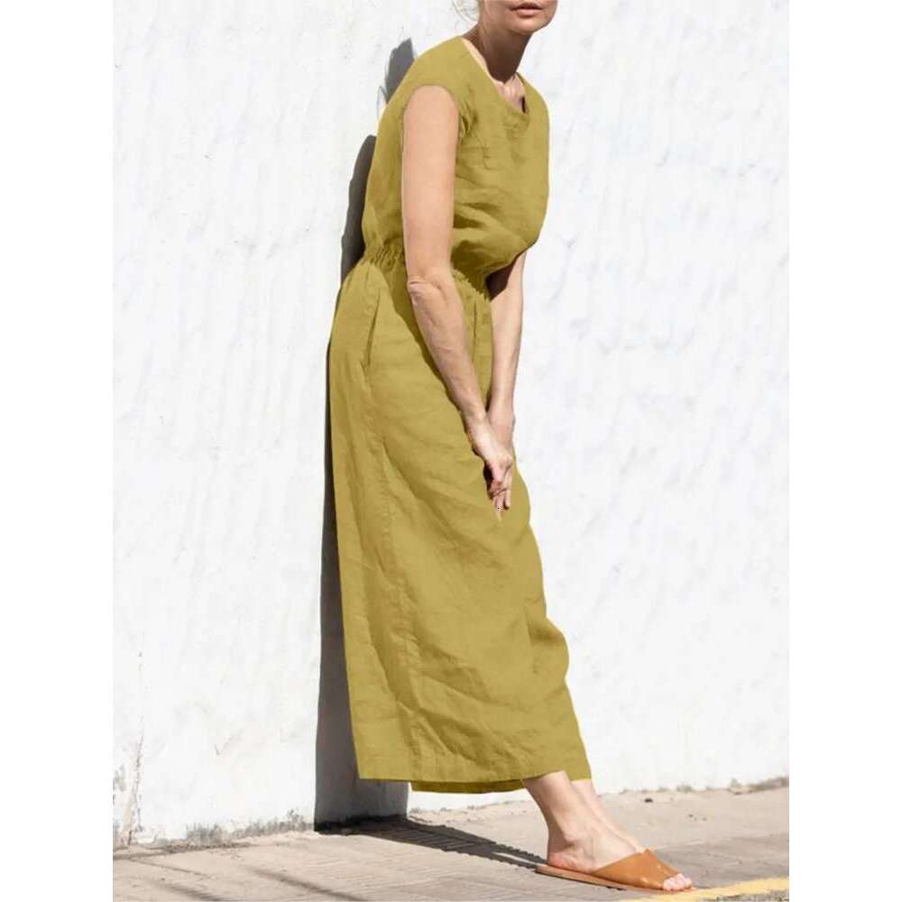 Designer Clothing Cotton And En Jumpsuit Women Solid Color Sleeveless Pocket High Waist Wide Legs Jumpsuits Casual Commuting Ladies Bodysuits