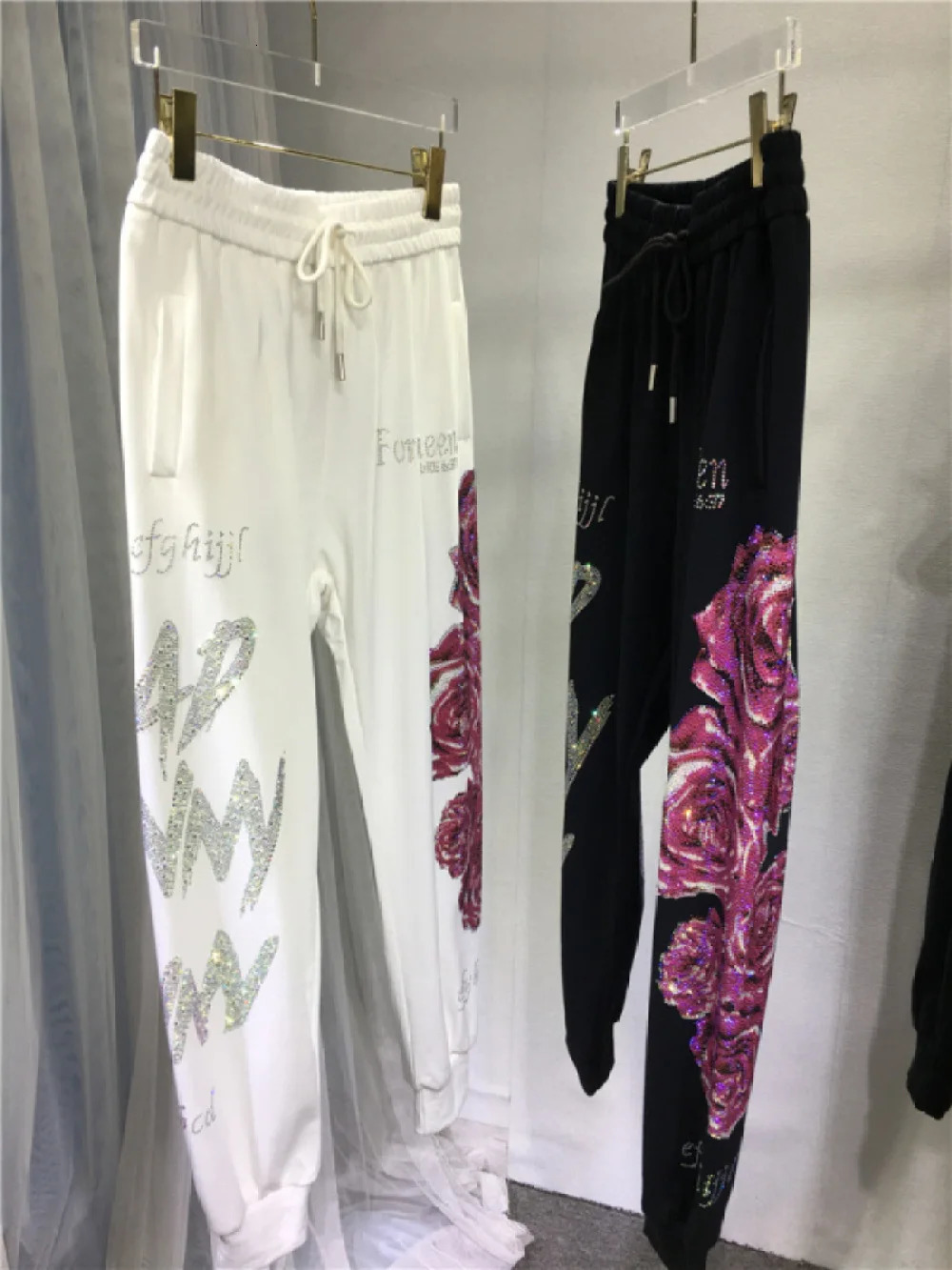 XL-4XL Plus 150kg Womens Rhinestone Flower Big Size Sweatpants Casual Streetwear High Waisted Baggy Pants Woman Z260314