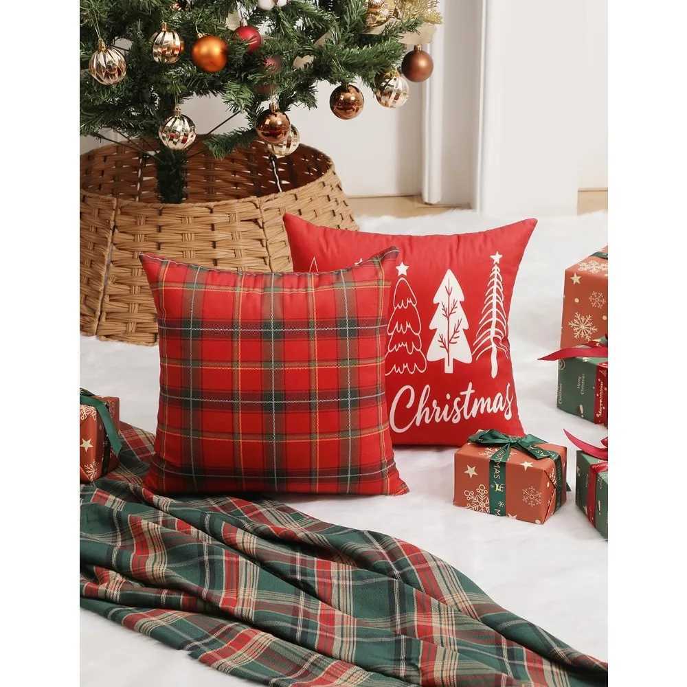 Double-sided checkered cases 16x16 inches 4-piece set Christmas decorative casesM251119