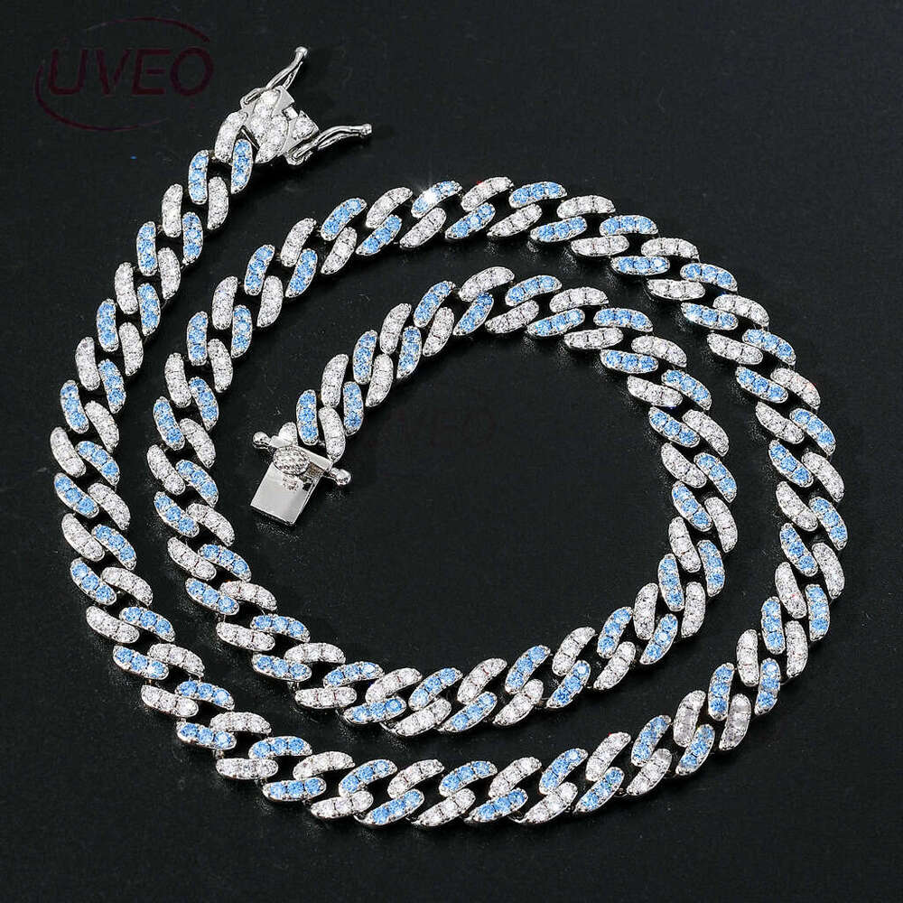 Luxury Hip Hop Necklace 9mm single row blue and white ice out VVS Moissanite Hip Hop Cuban even men and women Free delivery