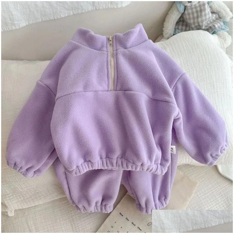 K705 Clothing Sets Baby Clothes Girls Boys Coatspants 2Pcs Sports Suits Solid Color Thicken Fleece Warm Toddler Winter Casual Tracksuit