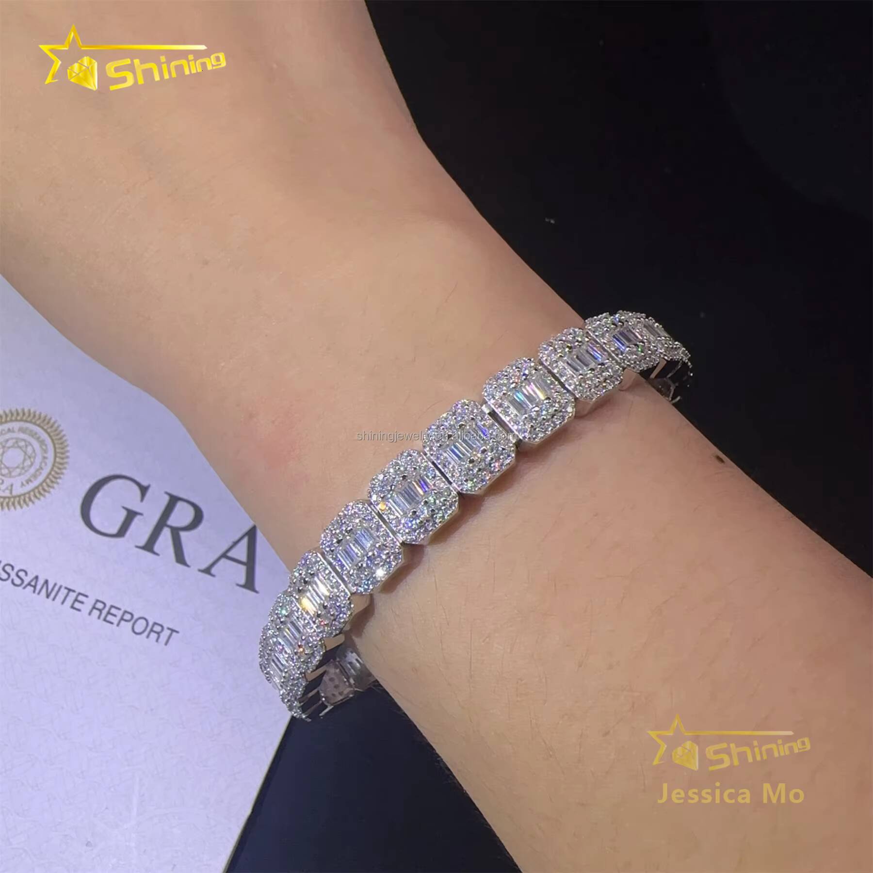 Unique Design Popular S925 Solid Silver10mm Hip Hop Jewelry VVS1 Baguette Moissanite Iced Out GRA Certificate Tennis Bracelet