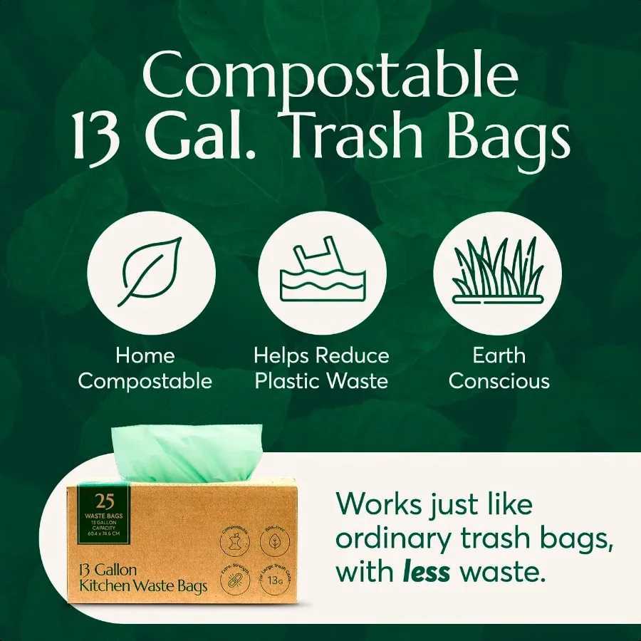 Compostable Trash Bags with Drawstring 13 Gallon 25 Units Tall BPI Certified For Kitchen Compost C251119