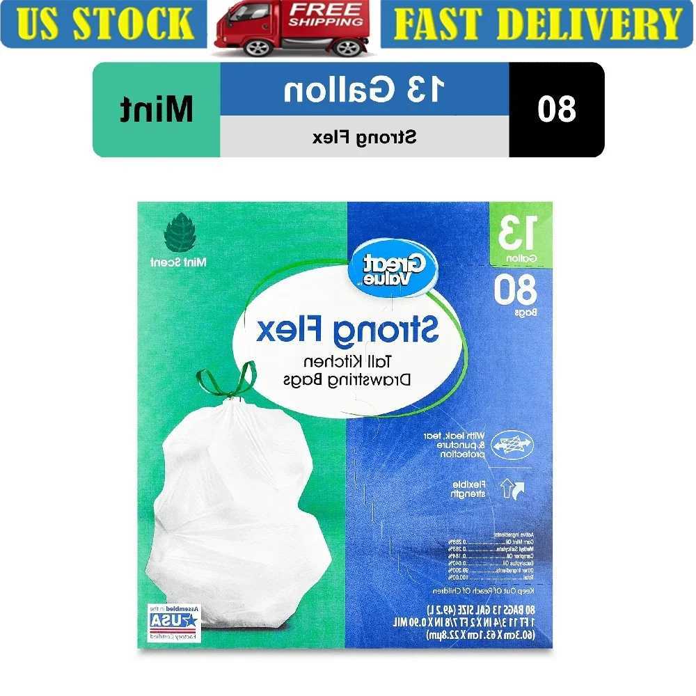 Strong Flex 13 Gallon Kitchen Drawstring Trash Bags Mint Scent 80 Count Leak Tear Puncture Protection Easy Lift Carry C251119