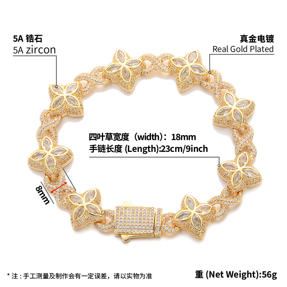 Hip-Hop Infinite Five-Leaf Clover Bracelet Fashionable Edgy Cool and Stylish with High-End Appeal, Featuring 5A Zircon Colorful Jewelry Luxury Design