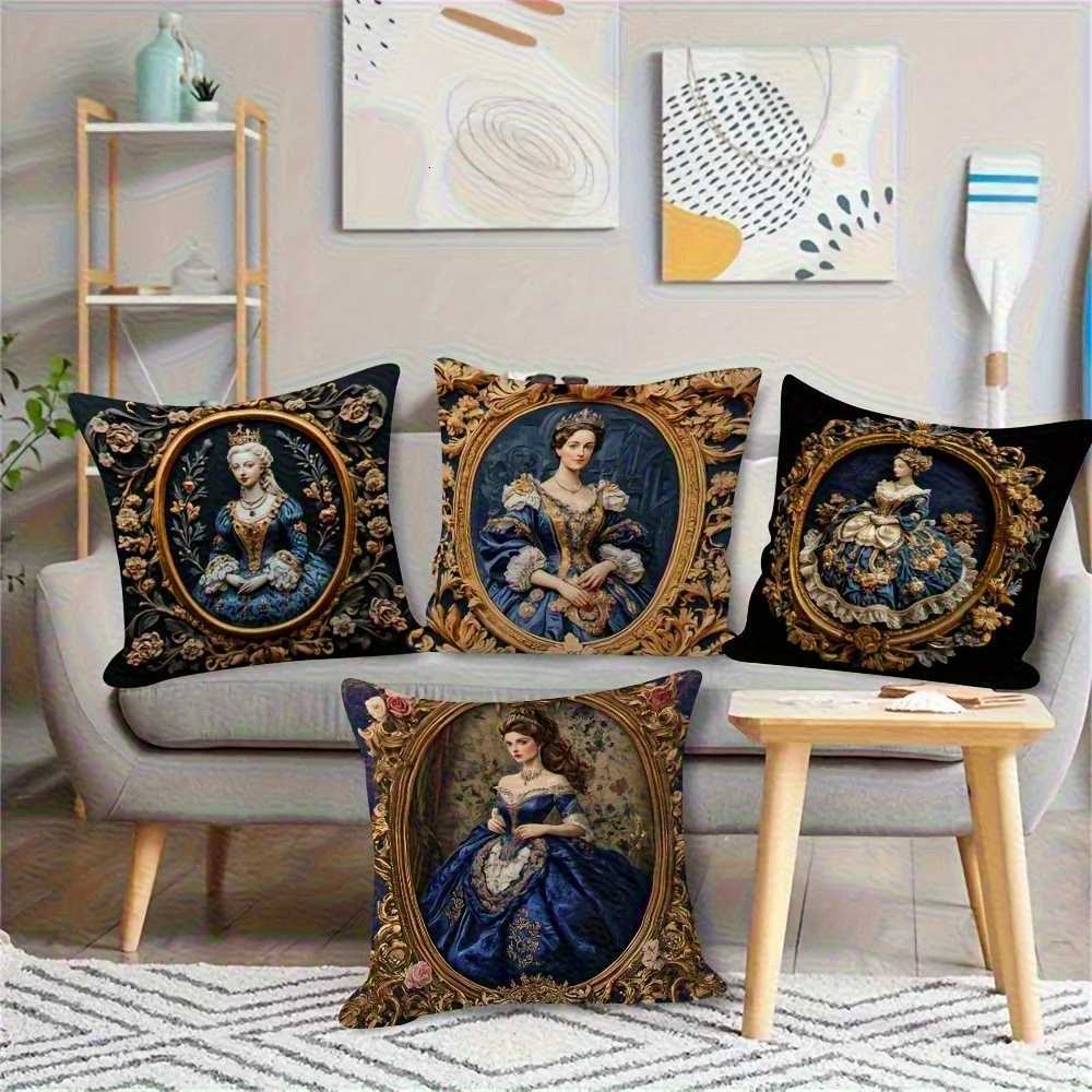 4pcs Retro Royal Women Covers Elegant Phnom Penh Print Double-Sided Wrinkle-Free Polyester for Living Room DecorM251119
