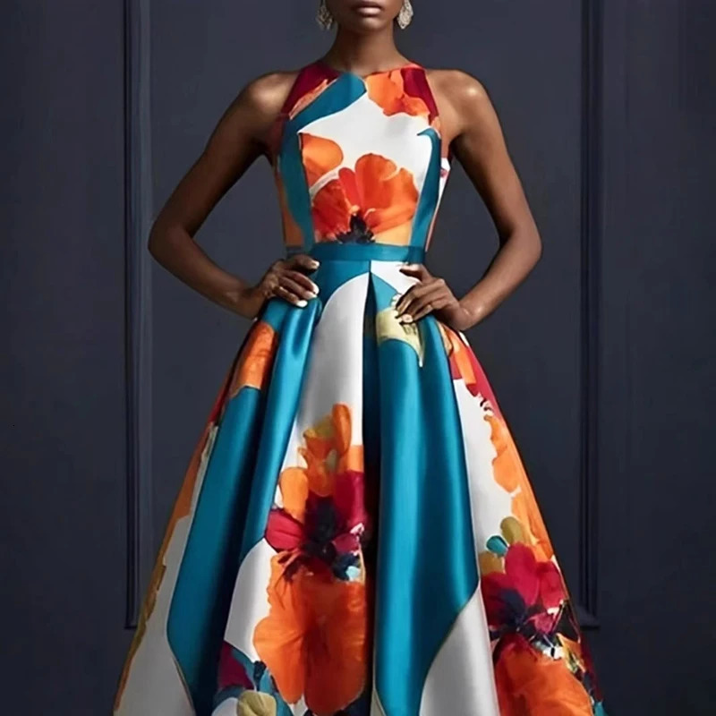 Vestidos sexy sleeveless hem dress evening womens floral print high waisted long springsummer Oneck bohemian 250418
